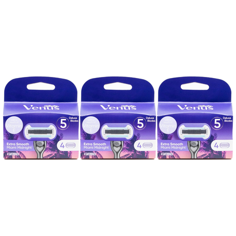 3x Gillette Venus Extra Smooth Womens 5-Blade Razor Refill Cartridges Pack - Miami Midnight (4 Pack)