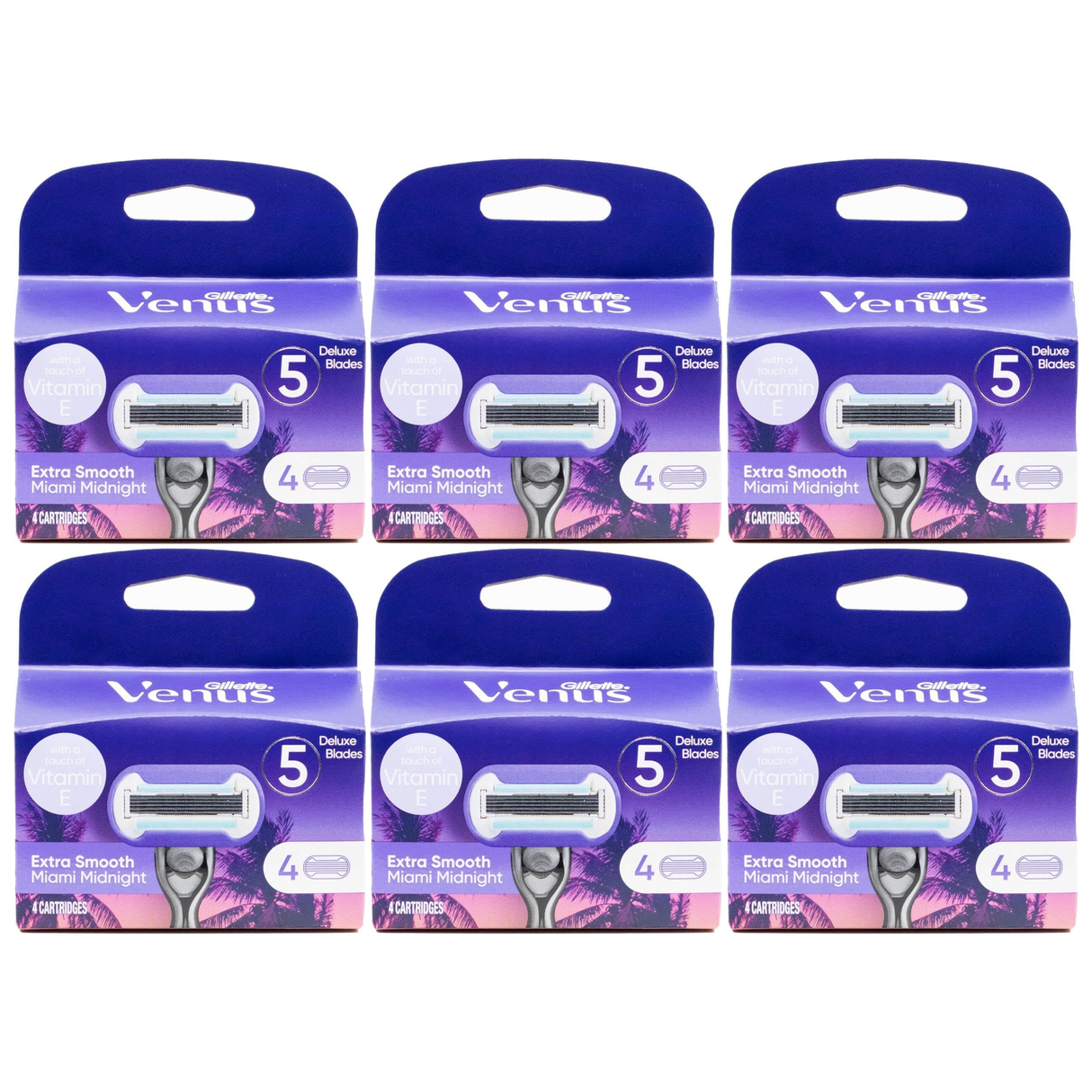 6x Gillette Venus Extra Smooth Womens 5-Blade Razor Refill Cartridges Bulk Pack - Miami Midnight (4 Pack)