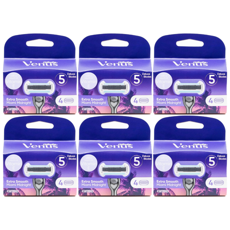 6x Gillette Venus Extra Smooth Womens 5-Blade Razor Refill Cartridges Bulk Pack - Miami Midnight (4 Pack)
