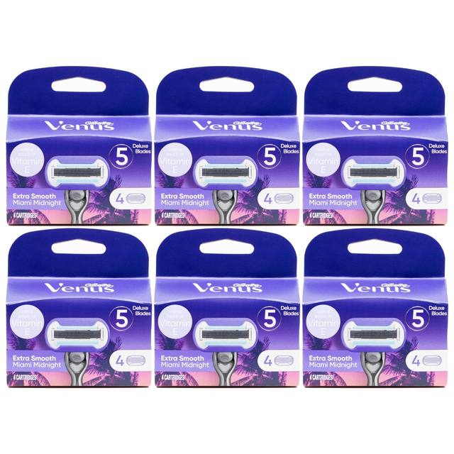 6x Gillette Venus Extra Smooth Womens 5-Blade Razor Refill Cartridges Bulk Pack - Miami Midnight (4 Pack)