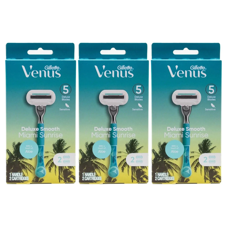 3x Gillette Venus Deluxe Smooth Womens 5 Blade Razor Pack - Miami Sunrise (1 Handle + 2 Cartridges)