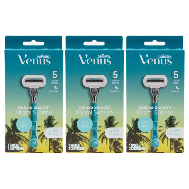 3x Gillette Venus Deluxe Smooth Womens 5 Blade Razor Pack - Miami Sunrise (1 Handle + 2 Cartridges)