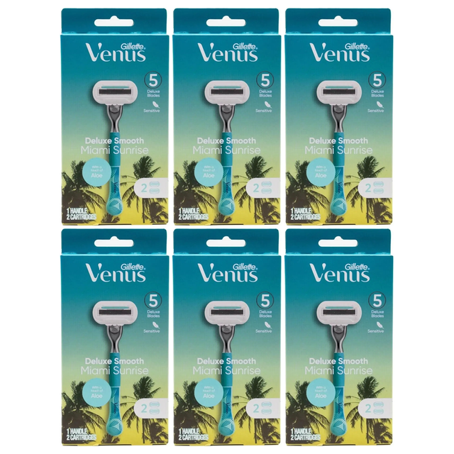 6x Gillette Venus Deluxe Smooth Womens 5 Blade Razor Bulk Pack - Miami Sunrise (1 Handle + 2 Cartridges)