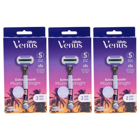 3x Gillette Venus Extra Smooth Womens 5 Blade Razor Pack - Miami Midnight (1 Handle + 2 Cartridges)
