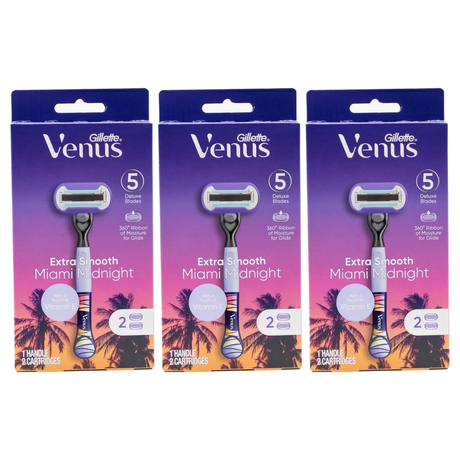 3x Gillette Venus Extra Smooth Womens 5 Blade Razor Pack - Miami Midnight (1 Handle + 2 Cartridges)