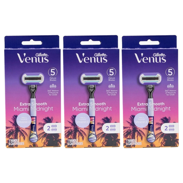 3x Gillette Venus Extra Smooth Womens 5 Blade Razor Pack - Miami Midnight (1 Handle + 2 Cartridges)