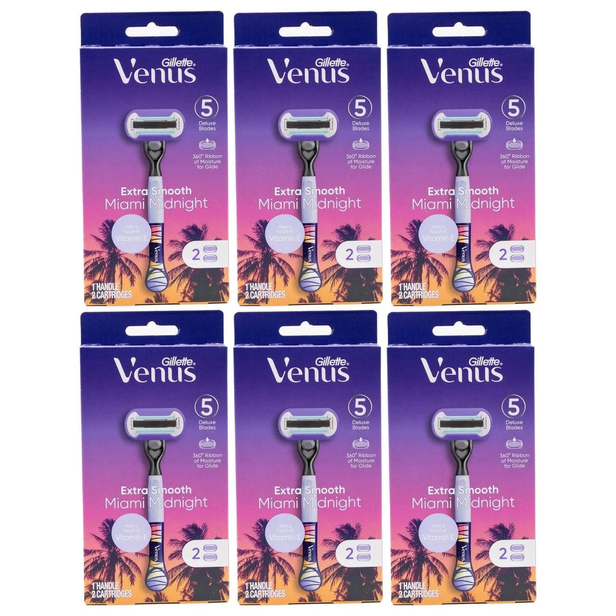 6x Gillette Venus Extra Smooth Womens 5 Blade Razor Bulk Pack - Miami Midnight (1 Handle + 2 Cartridges)