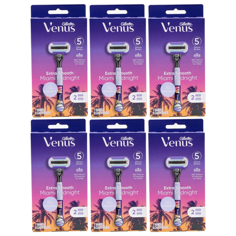 6x Gillette Venus Extra Smooth Womens 5 Blade Razor Bulk Pack - Miami Midnight (1 Handle + 2 Cartridges)