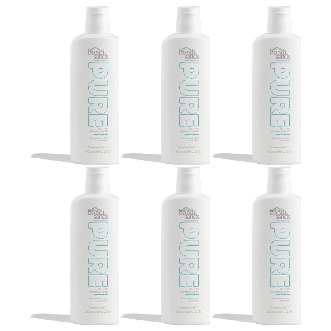 6x Bondi Sands 200ml Pure Self Tan Foaming Water Bulk Pack - Light Medium (Fragrance Free)