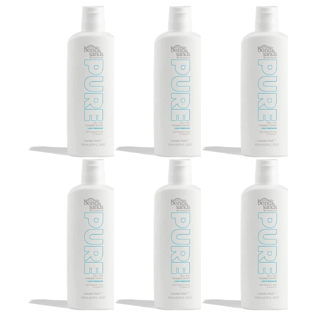 6x Bondi Sands 200ml Pure Self Tan Foaming Water Bulk Pack - Light Medium (Fragrance Free)