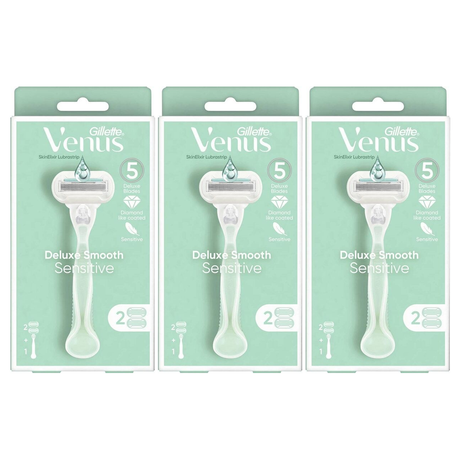 3x Gillette Venus Womens Deluxe Smooth Sensitive Blade Razor Pack (Handle + 2 Cartridges)