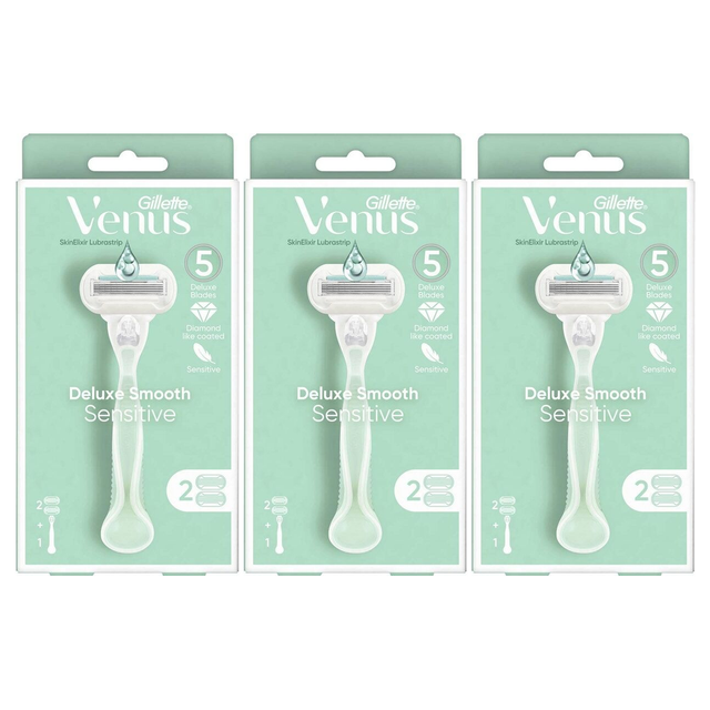 3x Gillette Venus Womens 3-Blade Razor Pack - Smooth Sensitive (Handle + 2 Cartridges)