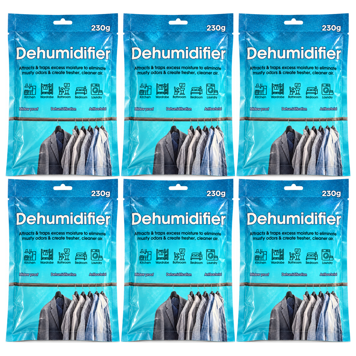 6x 230g Dehumidifier Moisture Absorbing Hanging Bags Bulk Pack (Calcium Chloride)