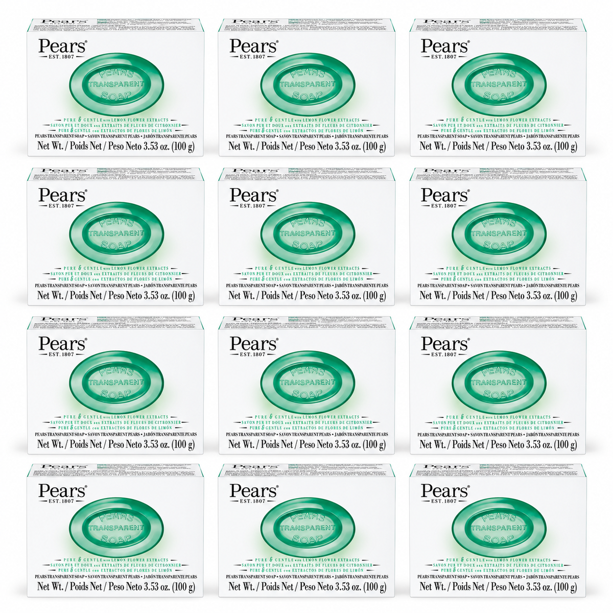 12x Pears 100g/3.53oz Pure & Gentle Transparent Bar Soap with Lemon Flower Extracts Bulk Pack for Sensitive Skin - Green