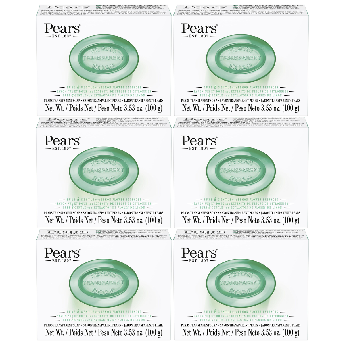 6x Pears 100g/3.53oz Pure & Gentle Transparent Bar Soap with Lemon Flower Extracts Bulk Pack for Sensitive Skin - Green