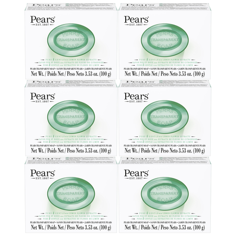 6x Pears 100g/3.53oz Pure & Gentle Transparent Bar Soap with Lemon Flower Extracts Bulk Pack for Sensitive Skin - Green