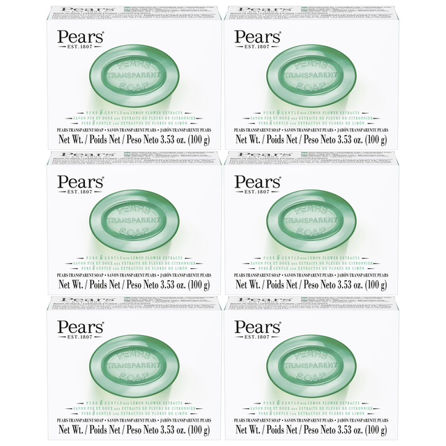 6x Pears 100g/3.53oz Pure & Gentle Transparent Bar Soap with Lemon Flower Extracts Bulk Pack for Sensitive Skin - Green