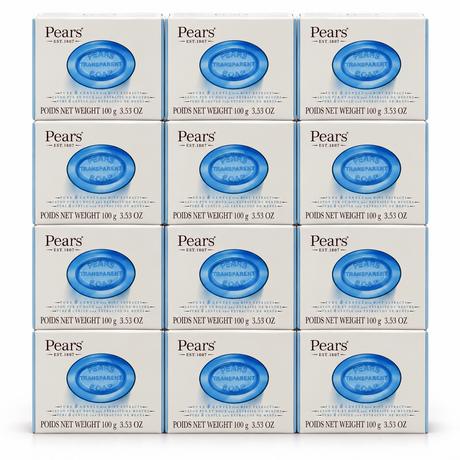 12x Pears 100g/3.53oz Pure & Gentle Transparent Bar Soap with Mint Extracts Bulk Pack - Blue