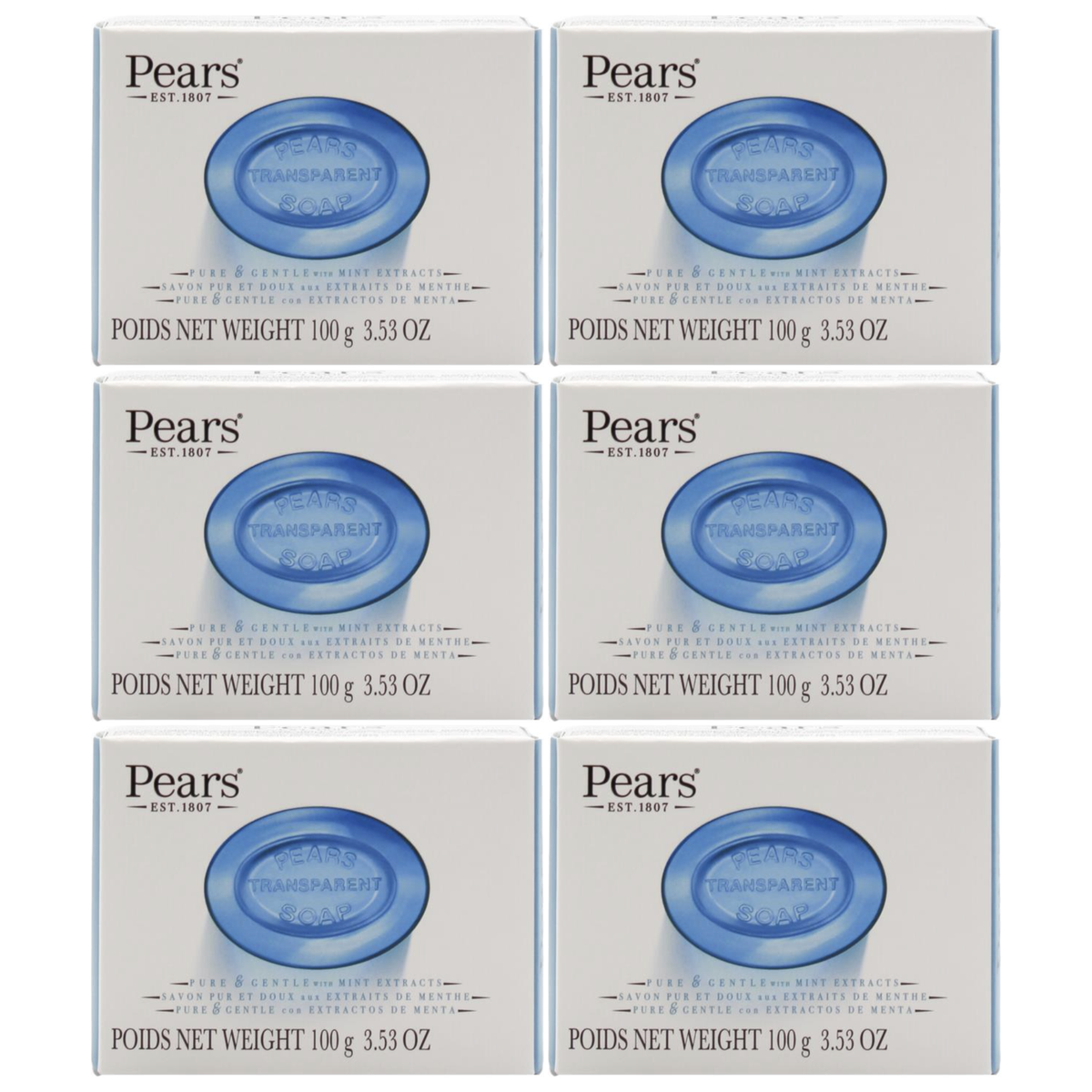 6x Pears 100g/3.53oz Pure & Gentle Transparent Bar Soap with Mint Extracts Bulk Pack - Blue