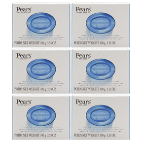 6x Pears 100g/3.53oz Pure & Gentle Transparent Bar Soap with Mint Extracts Bulk Pack - Blue