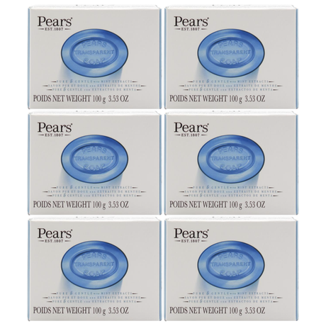 6x Pears 100g/3.53oz Pure & Gentle Transparent Bar Soap with Mint Extracts Bulk Pack - Blue
