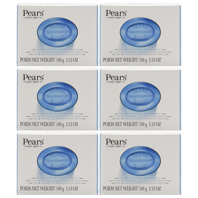6x Pears 100g/3.53oz Pure & Gentle Transparent Bar Soap with Mint Extracts Bulk Pack - Blue