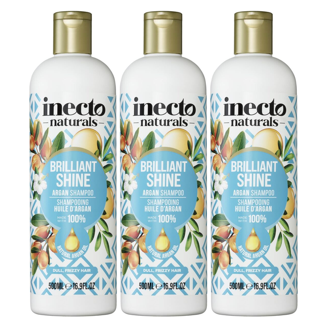 3x 500ml Inecto Brilliant Shine Shampoo Pack - For Frizzy Hair (Natural Argan Oil)