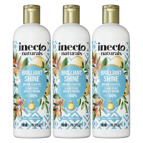 3x 500ml Inecto Brilliant Shine Shampoo Pack - For Frizzy Hair (Natural Argan Oil)