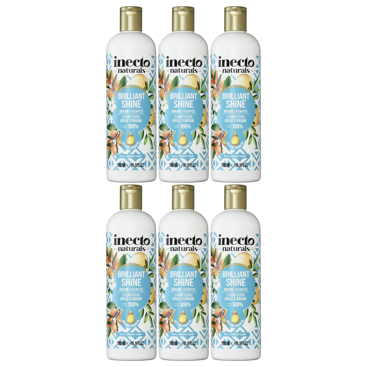 6x 500ml Inecto Brilliant Shine Shampoo Bulk Pack - For Frizzy Hair (Natural Argan Oil)