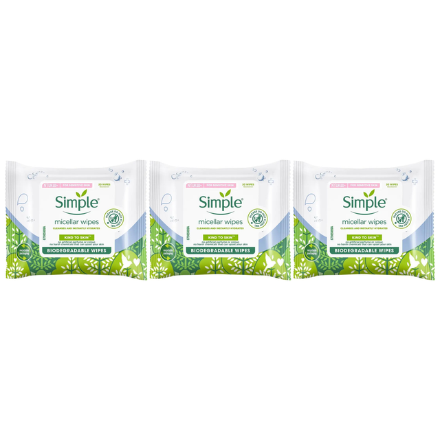 3x Simple 20 Micellar Wipes for Sensitive Skin (Pack)