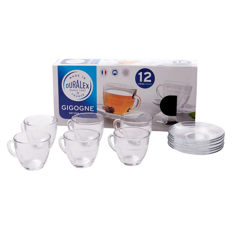 6pcs Duralex Gigogne Clear Tea Coffee Cup & Saucer Set - 220ml per cup