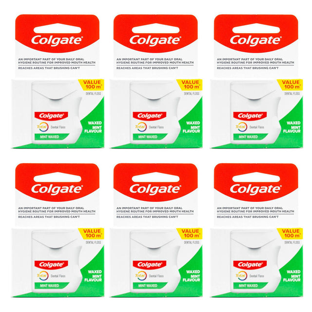 6x Colgate Total Dental Floss Mint 100m Bulk Pack - Waxed Plaque Removal Gum Care
