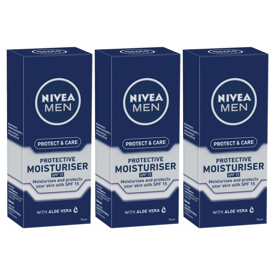 3x 75ml Nivea Mens Protect & Care Protective Moisturiser SPF15 with Aloe Vera (Pack)