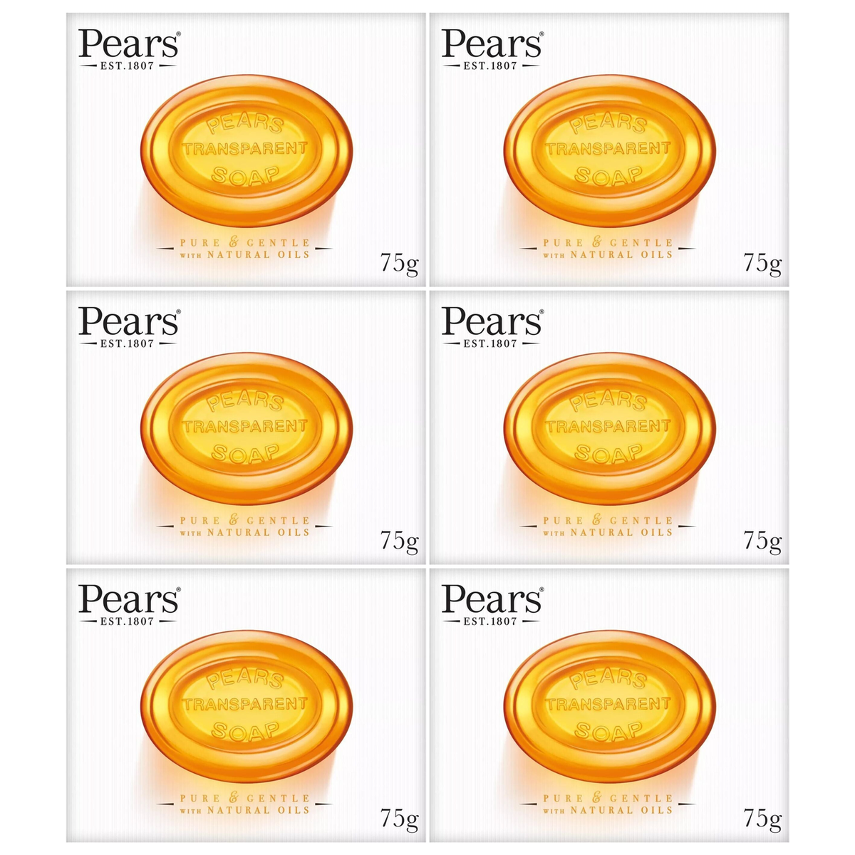 6x Pears 75g Pure & Gentle Transparent Bar Soap with Natural Oils Bulk Pack - Amber