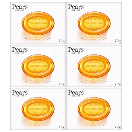 6x Pears 75g Pure & Gentle Transparent Bar Soap with Natural Oils Bulk Pack - Amber