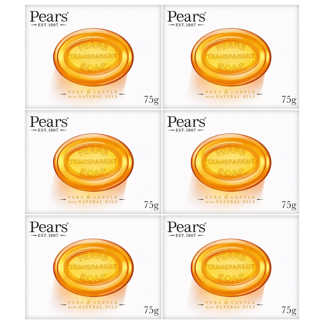 6x Pears 75g Pure & Gentle Transparent Bar Soap with Natural Oils Bulk Pack - Amber