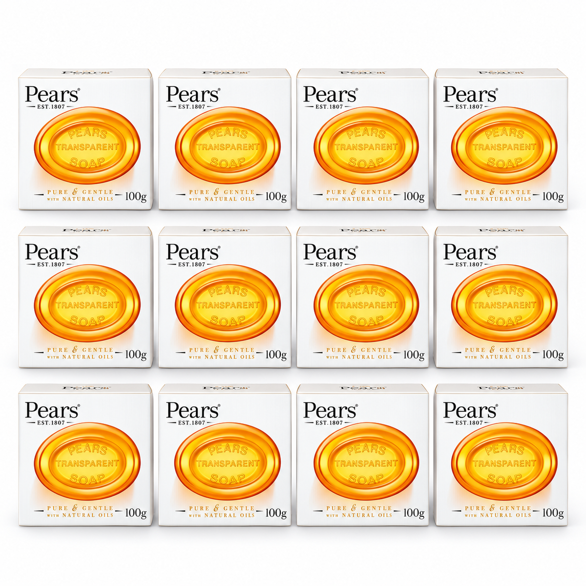 12x Pears Pure & Gentle Bar Soap 100g Glycerine Moisturising in Amber