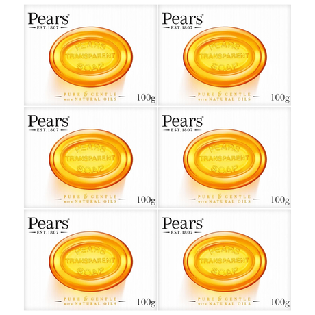 6x Pears 100g Pure & Gentle Moisturising Glycerine Bar Soap with Natural Oils Bulk Pack - Amber