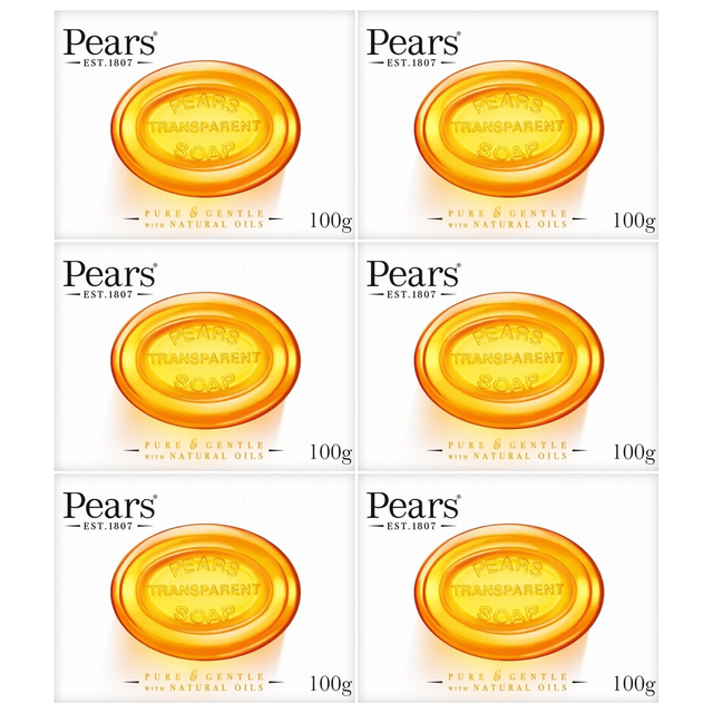 6x Pears 100g Pure & Gentle Moisturising Glycerine Bar Soap with Natural Oils Bulk Pack - Amber