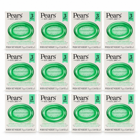 12x 3pk Pears 75g Pure & Gentle Transparent Bar Soap with Lemon Flower Extracts Bulk Pack - Green (Sensitive Skin)