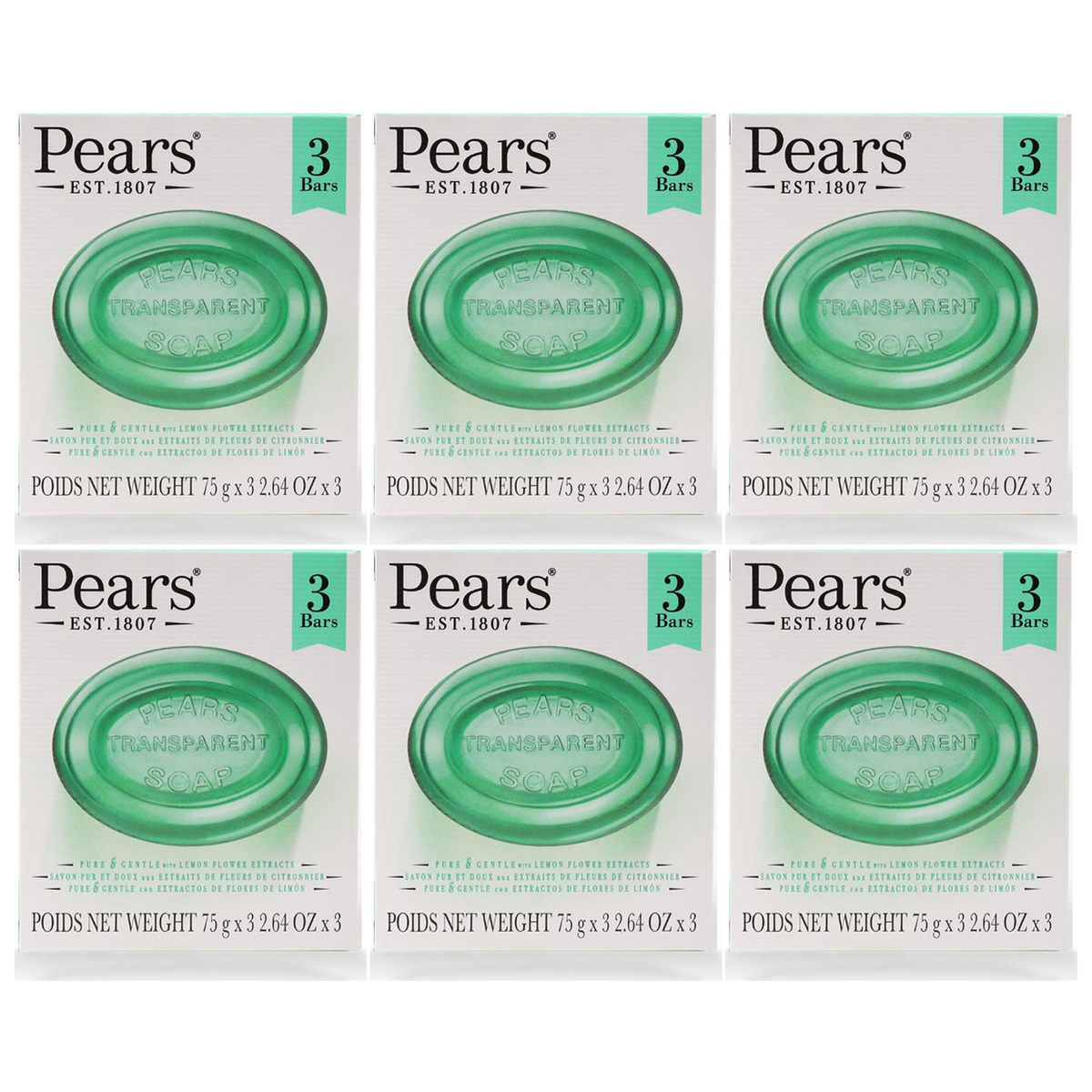 6x 3pk Pears 75g Pure & Gentle Transparent Bar Soap with Lemon Flower Extracts Bulk Pack - Green (Sensitive Skin)