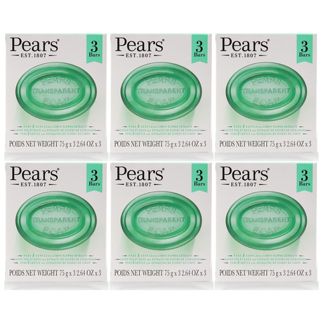 6x 3pk Pears 75g Pure & Gentle Transparent Bar Soap with Lemon Flower Extracts Bulk Pack - Green (Sensitive Skin)