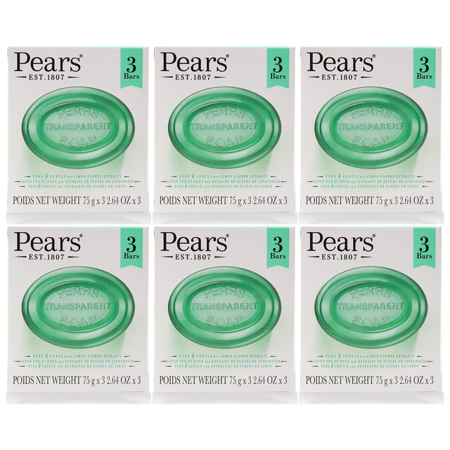 6x 3pk Pears 75g Pure & Gentle Transparent Bar Soap with Lemon Flower Extracts Bulk Pack - Green (Sensitive Skin)