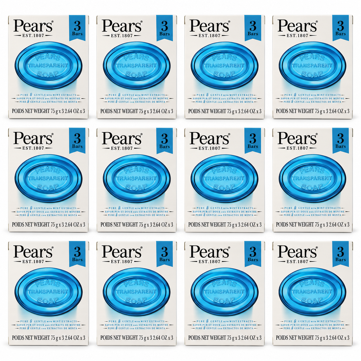 12x 3pk Pears 75g Pure & Gentle Transparent Bar Soap with Mint Extracts Bulk Pack - Blue