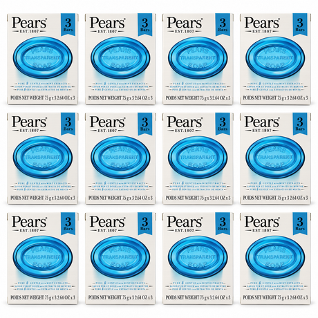 12x 3pk Pears 75g Pure & Gentle Transparent Bar Soap with Mint Extracts Bulk Pack - Blue
