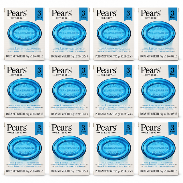 12x 3pk Pears 75g Pure & Gentle Transparent Bar Soap with Mint Extracts Bulk Pack - Blue