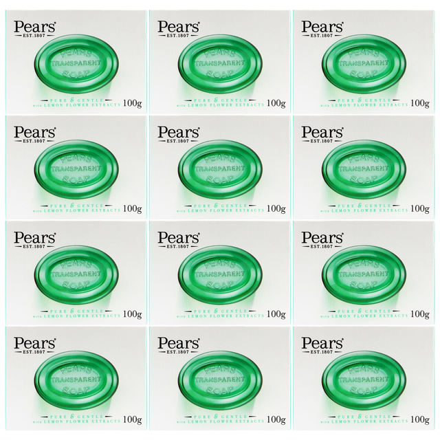 12x Pears 100g Pure & Gentle Transparent Bar Soap with Lemon Flower Extracts Bulk Pack - Green