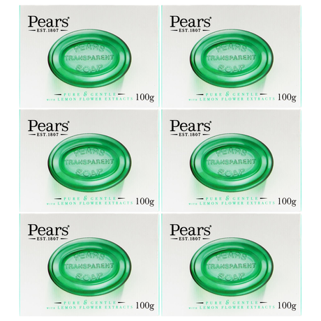 6x Pears 100g Pure & Gentle Transparent Bar Soap with Lemon Flower Extracts Bulk Pack - Green
