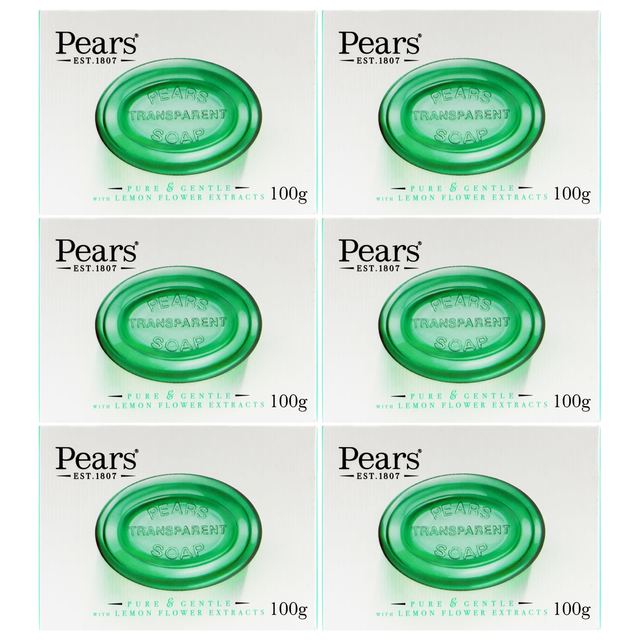 6x Pears 100g Pure & Gentle Transparent Bar Soap with Lemon Flower Extracts Bulk Pack - Green