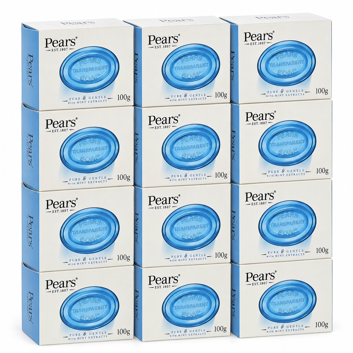 12x Pears 100g Transparent Bar Soap - Pure & Gentle with Mint Extracts